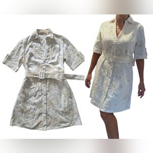Solitaire Denim Shirt Belted Mini Dress XS White Ivory Floral Eyelet Cottagecore